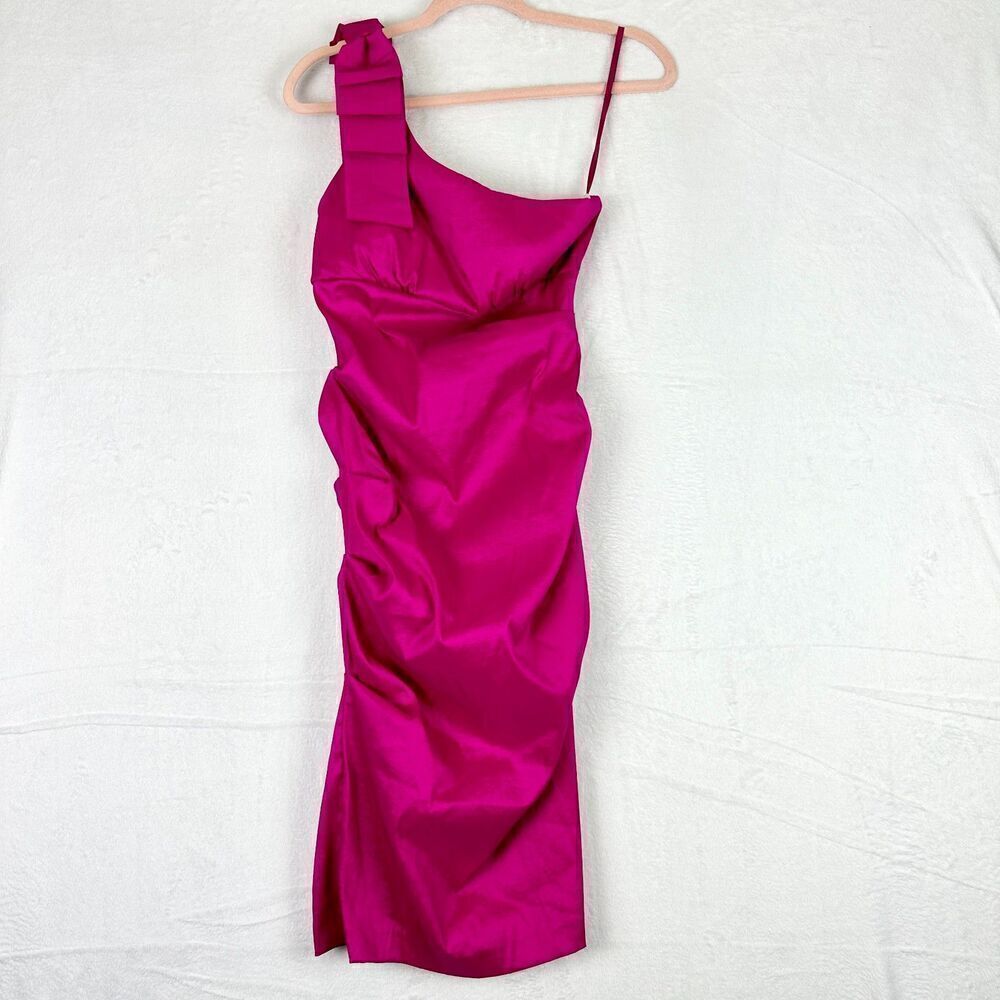 Cache Vintage 90s Y2K Satin One Shoulder Bow Detail Cocktail Dress Size 8 Pink